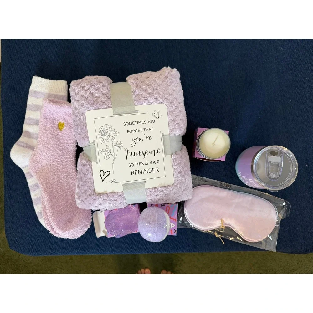 Self Care Gift Set Purple Lavender Blanket Sock Tumbler Candle Spa Kit Cozy Core